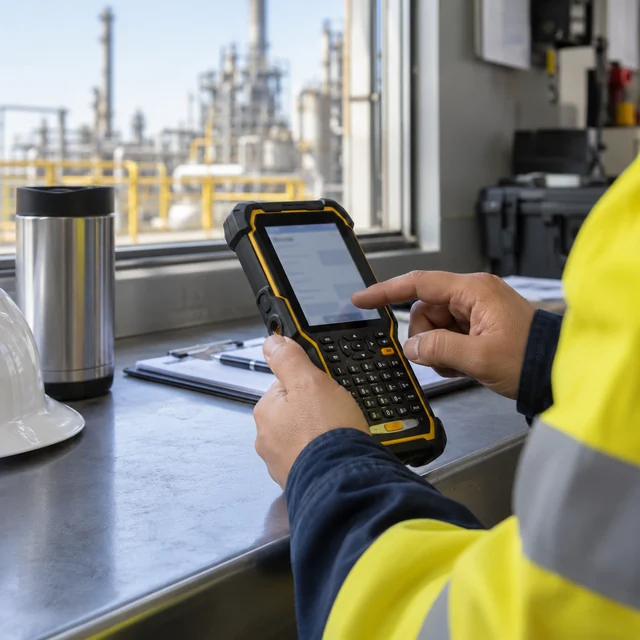 Hazardous Area Handhelds in a representative protected handheld terminal at a controlled industrial process service desk outside the hazard zone setting