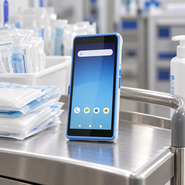 Healthcare PDAs in a representative handheld healthcare terminal on a clean hospital stock cart beside sealed supply packs setting