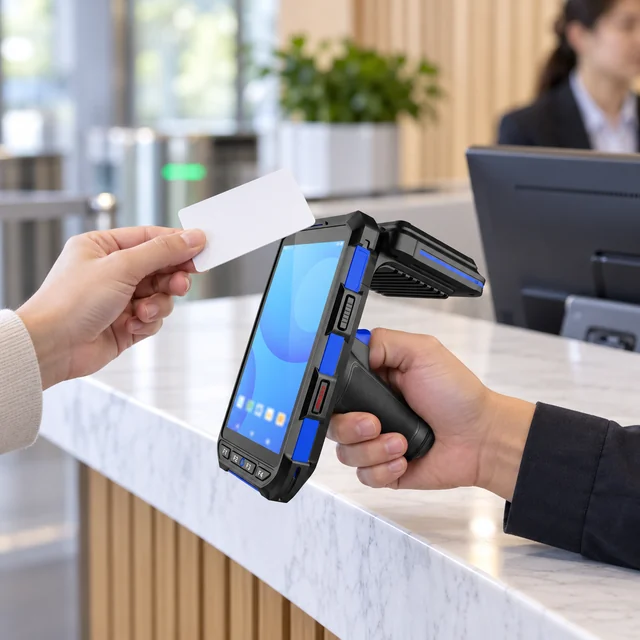 HF & NFC RFID Readers in a representative compact HF NFC reader near a plain contactless card at a clean access control service desk setting