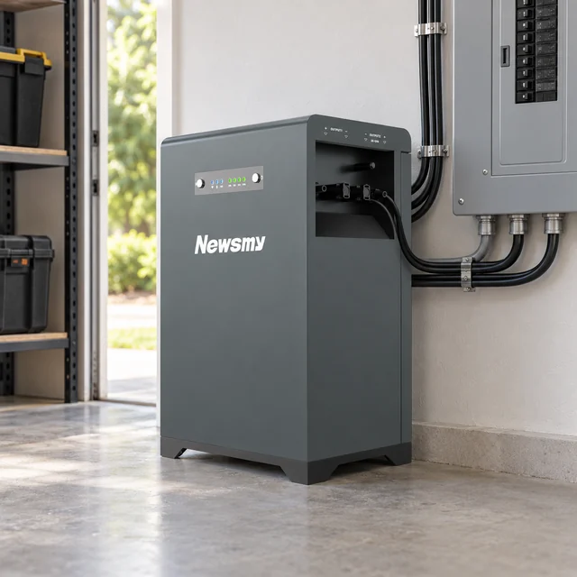 Home Battery Backup in a representative compact backup battery installation beside a clean home utility panel with orderly protected wiring setting