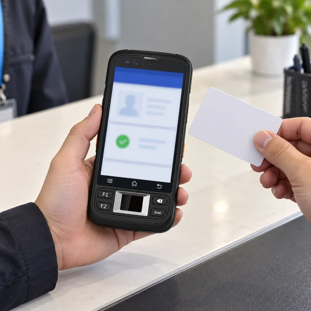 ID Card Handheld Terminals in a representative handheld ID reader near a blank demonstration card at a neutral service desk setting