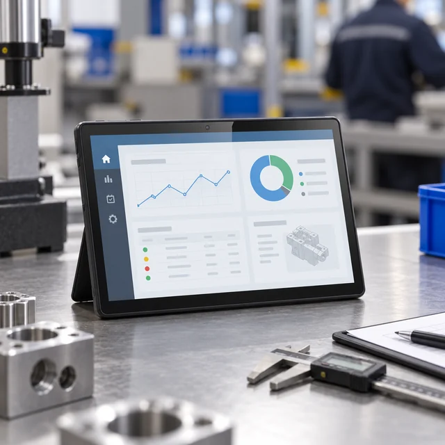 Industrial Android Tablets in a representative an industrial tablet at a manufacturing quality inspection bench with a generic dashboard setting