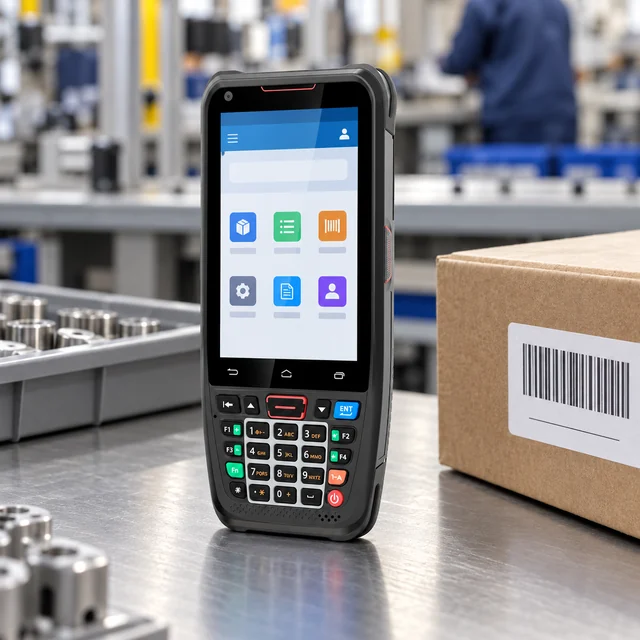 Industrial Barcode Scanners in a representative an industrial barcode scanner at a factory traceability workbench beside a plain component box setting