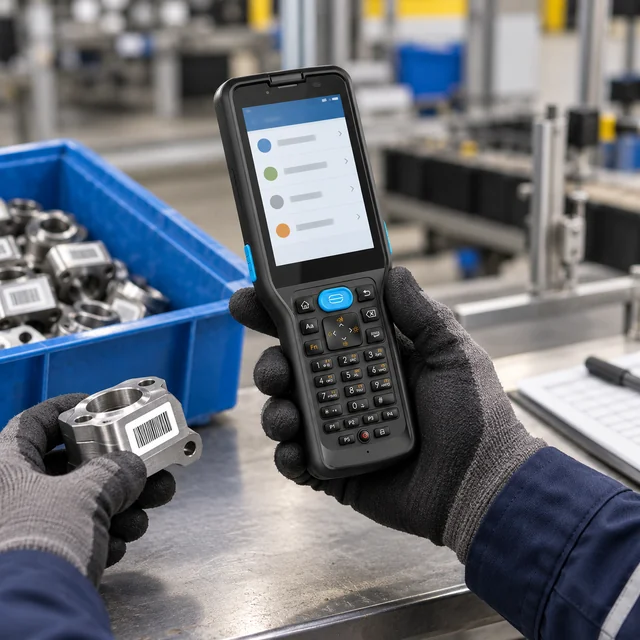 Industrial Handhelds in a representative an industrial handheld computer used at a manufacturing traceability station beside a component tote setting
