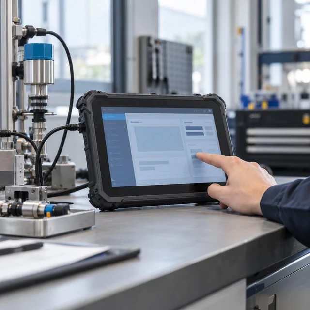 Industrial Linux Tablets in a representative an industrial touch tablet at a sensor commissioning bench with neat connections setting