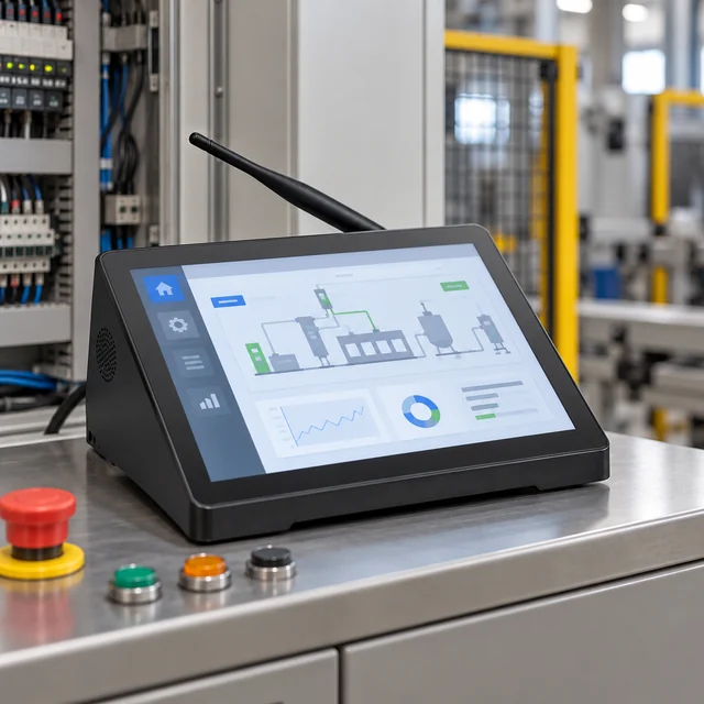 Industrial Panel PCs in a representative panel computer correctly supported in a clean factory control cabinet work area setting