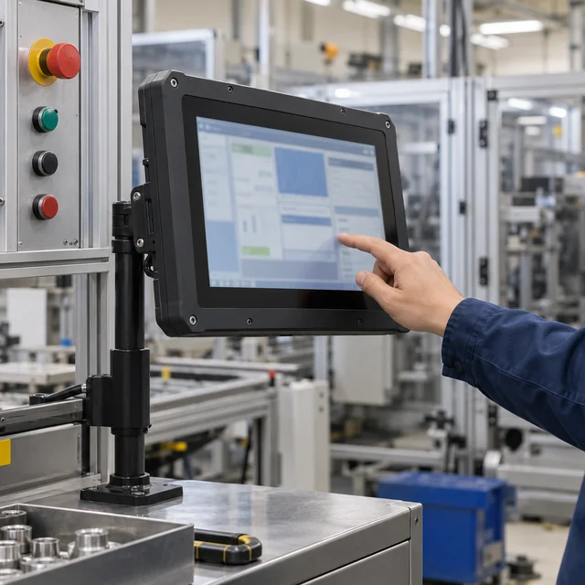 Industrial Panel Tablets in a representative touch panel terminal securely supported at a manufacturing workstation beside orderly machine controls setting