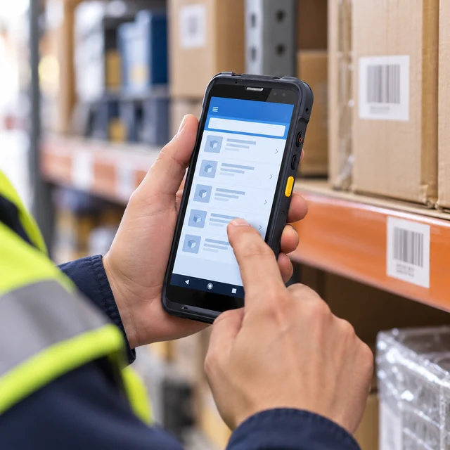 Industrial PDAs in a representative an industrial PDA used by an operator beside a warehouse stock shelf setting