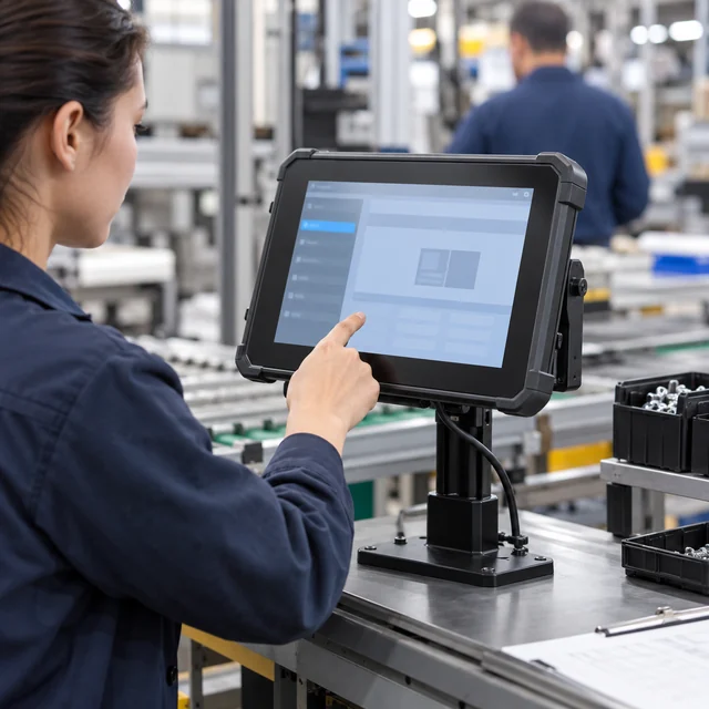 Industrial Touchscreen Tablets in a representative supported industrial touchscreen terminal at an assembly line quality station setting