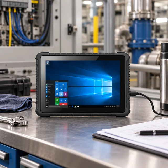 Industrial Windows Tablets in a representative supported industrial tablet at a plant diagnostics workbench with an orderly cable setting