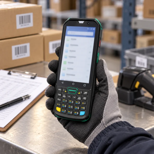 Keypad Mobile Computers in a representative physical-keypad mobile computer on a worker glove at a stocktaking bench setting