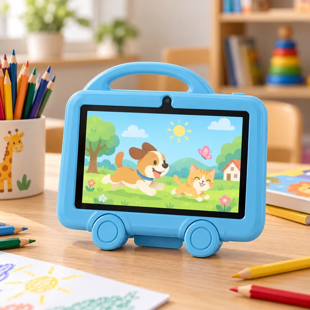 Kids Tablets in a representative child-friendly tablet with its protective case on a classroom activity table beside colored pencils setting