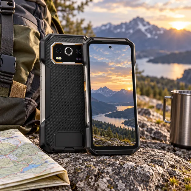 Large Battery Rugged Phones in a representative substantial reinforced phone beside a folded route map and a backpack at a remote field camp setting