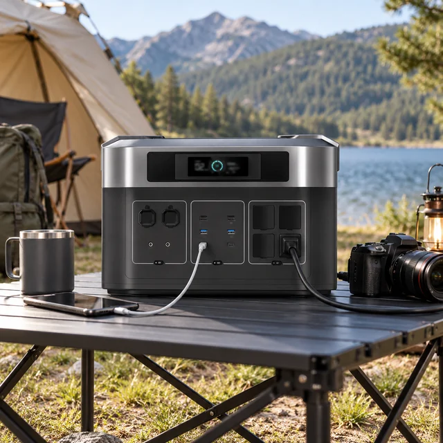LiFePO4 Power Stations in a representative portable power station at a clean outdoor field basecamp with a tent and orderly charging cable setting