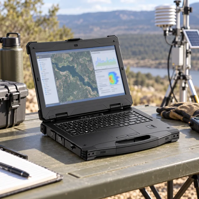 Linux Rugged Laptops in a representative an open rugged notebook on a supported work table at an outdoor sensor deployment station setting
