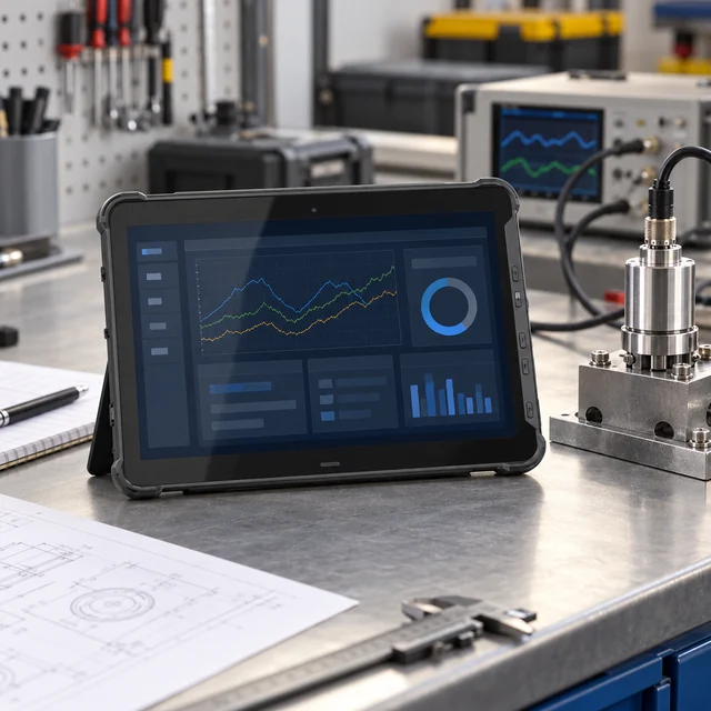 Linux Rugged Tablets in a representative field tablet on a clean engineering workbench beside a sensor test assembly setting