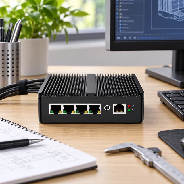 Mini PCs in a representative compact industrial mini PC on an orderly engineering desk next to a monitor and clean cable routing setting