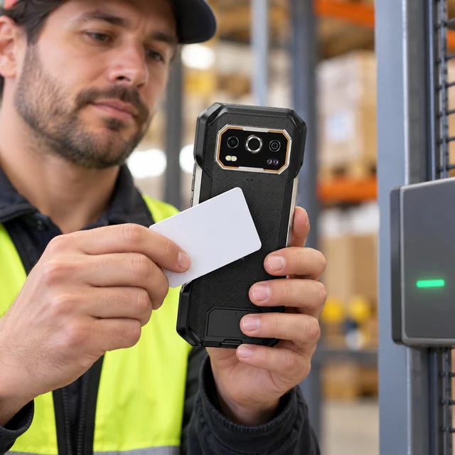 NFC Rugged Phones in a representative warehouse worker presenting a plain access card close to the rear NFC area of a rugged phone setting