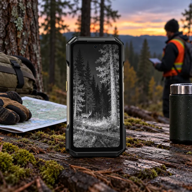 Night Vision Rugged Phones in a representative rugged phone supported at a twilight forestry inspection station with dim natural forest light setting