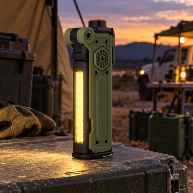Outdoor & Emergency Lights in a representative portable emergency work light securely supported at an outdoor maintenance camp at dusk setting