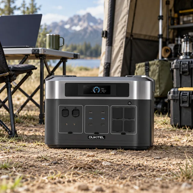 Over 2000W Power Stations in a representative large portable power station on stable dry ground beside a mobile field service shelter setting