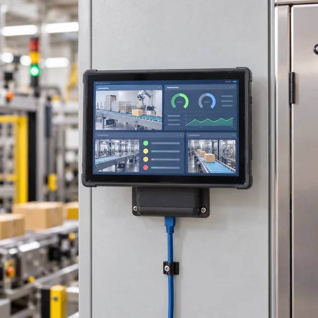 POE Tablets in a representative wall-mounted industrial tablet with one tidy Ethernet cable at a factory equipment monitoring station setting