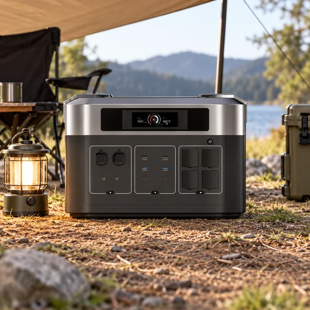Portable Power Stations in a representative portable power station on dry level ground under a camp shelter beside a small camping lamp setting