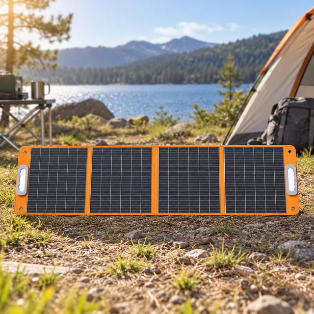 Portable Solar Panels in a representative foldable solar panel with its complete supported panels visible at a sunny campsite setting