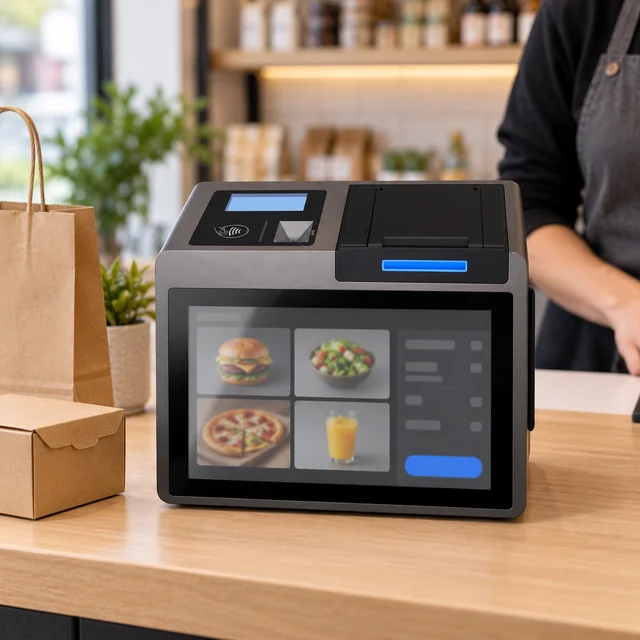 POS Terminals in a representative point-of-sale terminal at a clean small retail checkout counter with a plain product box setting