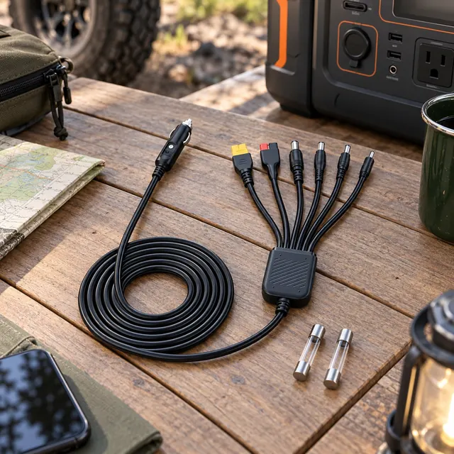 Power Accessories in a representative compatible protected charging accessories neatly laid out on a camp work table beside a portable power station setting
