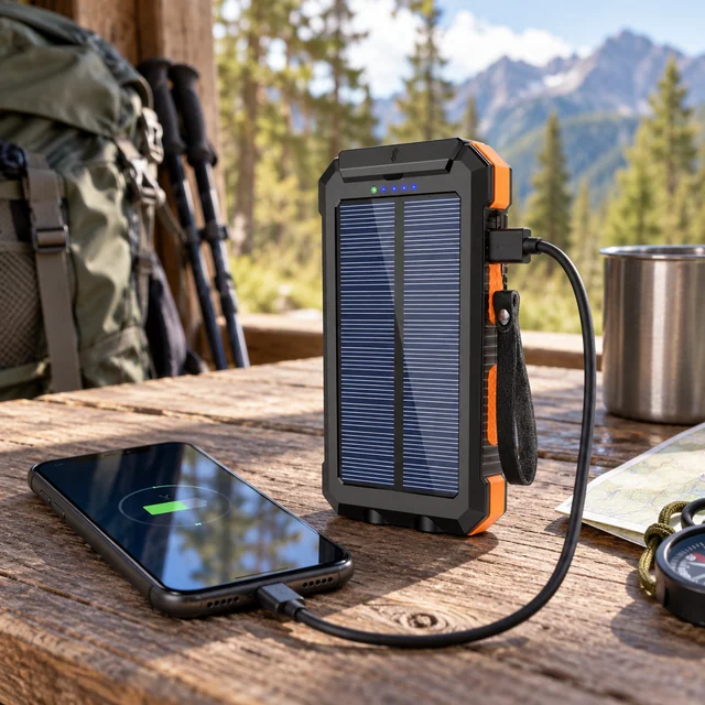 Power Banks in a representative compact power bank with one tidy charging cable beside a phone on a hiking shelter table setting