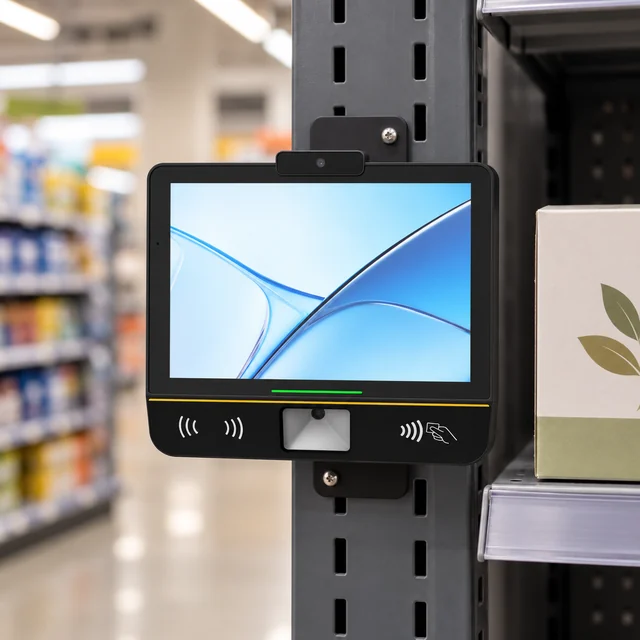 Price Checkers in a representative stationary price checker securely mounted at a retail shelf aisle next to a plain sample package setting
