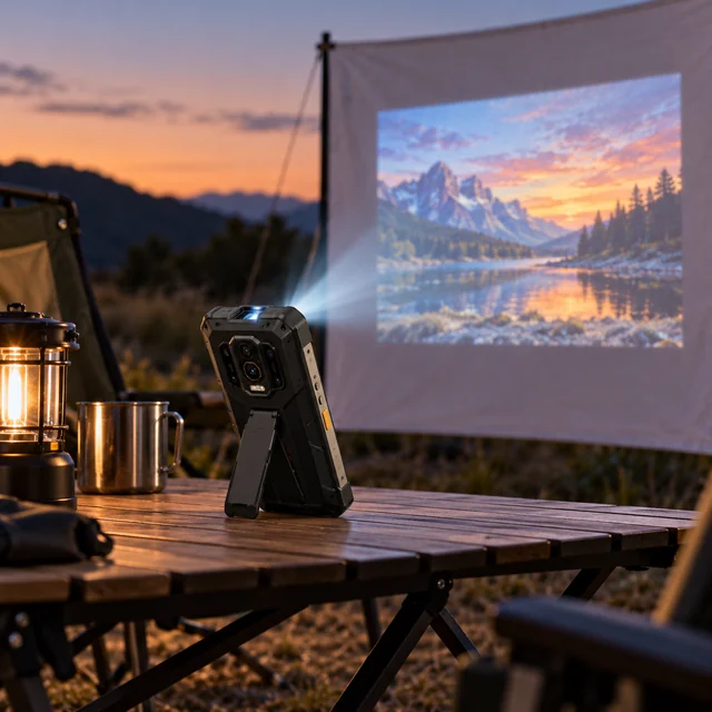 Projector Rugged Phones in a representative supported projector phone on a stable camp table pointing toward a plain light fabric screen at dusk setting