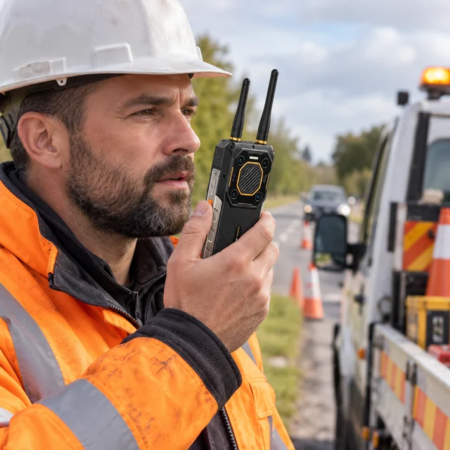 PTT Rugged Phones in a representative field crew worker holding a rugged phone with a side push-to-talk key beside a roadside maintenance vehicle setting