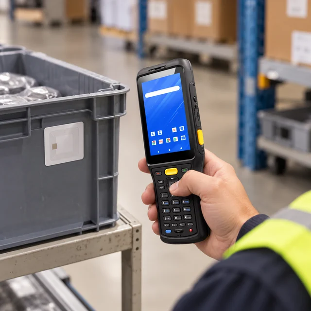 RFID Mobile Terminals in a representative mobile RFID terminal at a stocktaking station with a tagged logistics tote setting