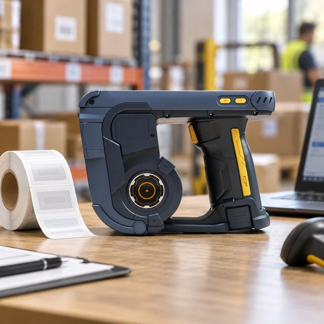 RFID Printers in a representative an RFID-capable label printer on a warehouse desk with a plain smart-label roll setting