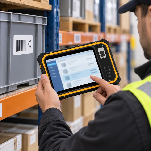 RFID Rugged Tablets in a representative logistics operator using a tablet near a tagged storage tote at an organized warehouse shelf setting