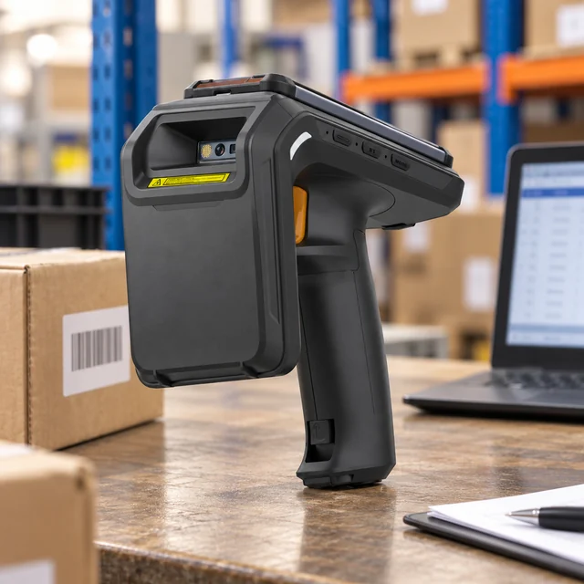 RFID Sleds in a representative smartphone-compatible RFID sled securely attached to the actual handheld device form at a warehouse bench setting