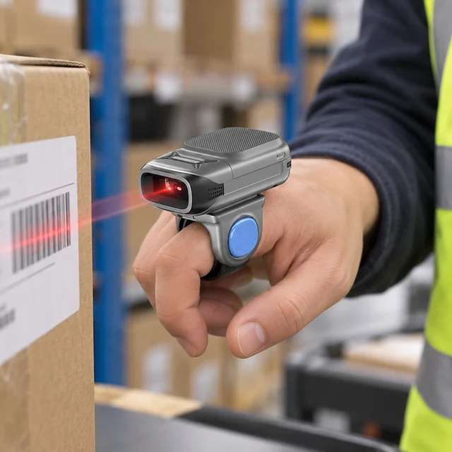 Ring Barcode Scanners in a representative small ring scanner correctly fitted to one finger on a warehouse worker hand setting