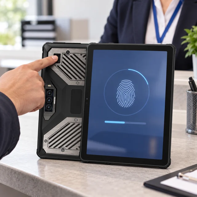 Rugged Biometric Tablets in a representative tablet with an actual fingerprint capture module at a neutral identity enrollment service desk setting