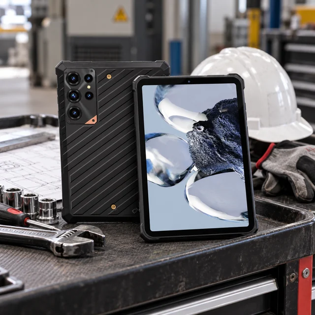 Rugged Industrial Tablets in a representative reinforced tablet on a stable industrial maintenance trolley beside tools and plans setting