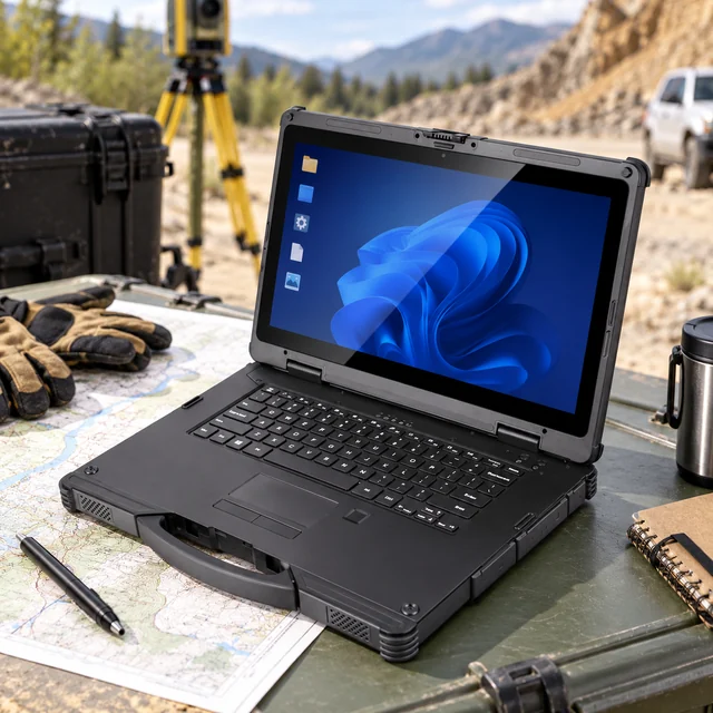 Rugged Notebook Computers in a representative an open reinforced notebook on a stable field engineering table beside maps and protective gloves setting