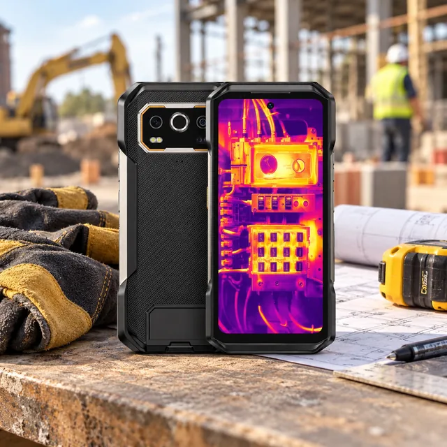 Rugged Smartphones in a representative reinforced touchscreen smartphone beside protective gloves at an outdoor construction inspection desk setting