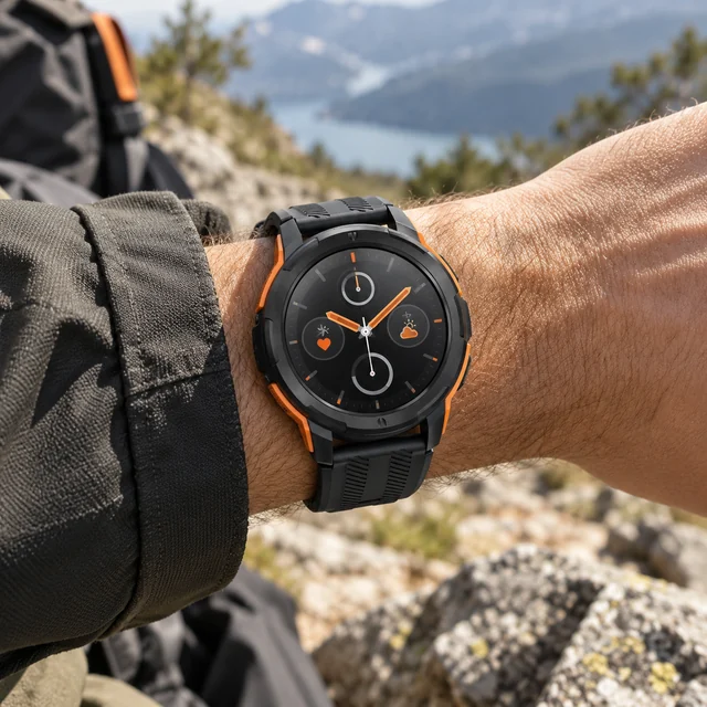 Rugged Smartwatches in a representative reinforced outdoor smartwatch on a realistic wrist beside a rocky trail setting