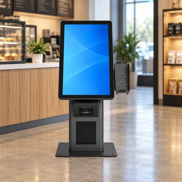 Self Service Kiosks in a representative self-service kiosk securely standing on a level shop floor with its complete base visible setting