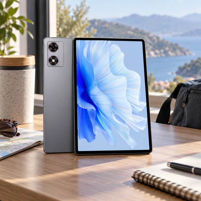 Smart Tablets in a representative standard slim tablet on a bright travel workspace beside a notebook setting