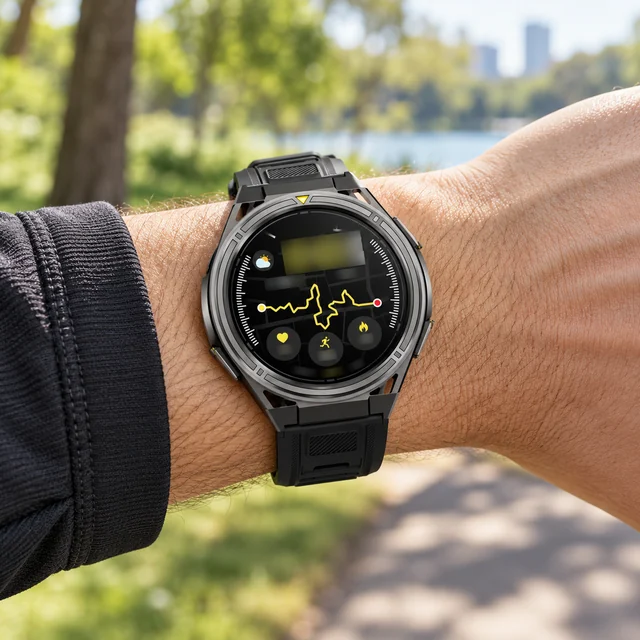 Smartwatches in a representative standard smartwatch on a wrist in a bright park setting setting