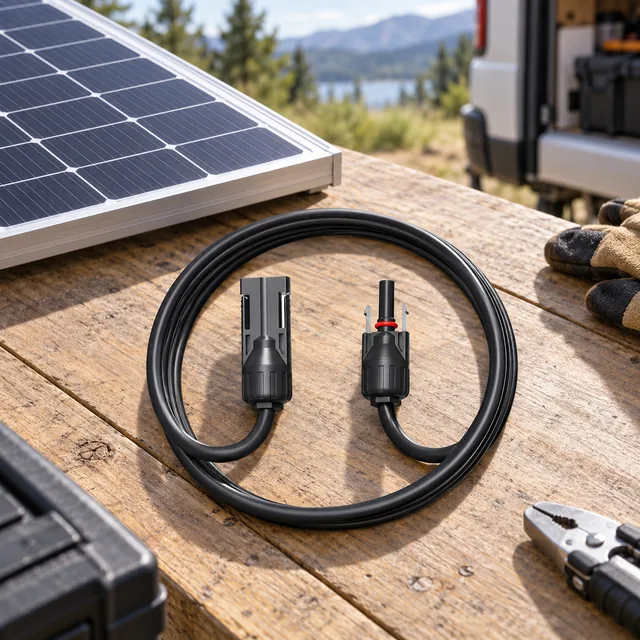 Solar Cables in a representative correctly matched protected solar cables neatly arranged beside an unenergized solar panel at a clean outdoor assembly table setting