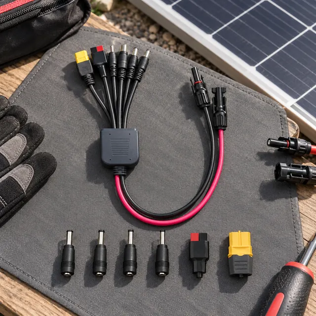 Solar Connector Kits in a representative solar connector kit neatly arranged on a service mat beside disconnected panel cable ends setting