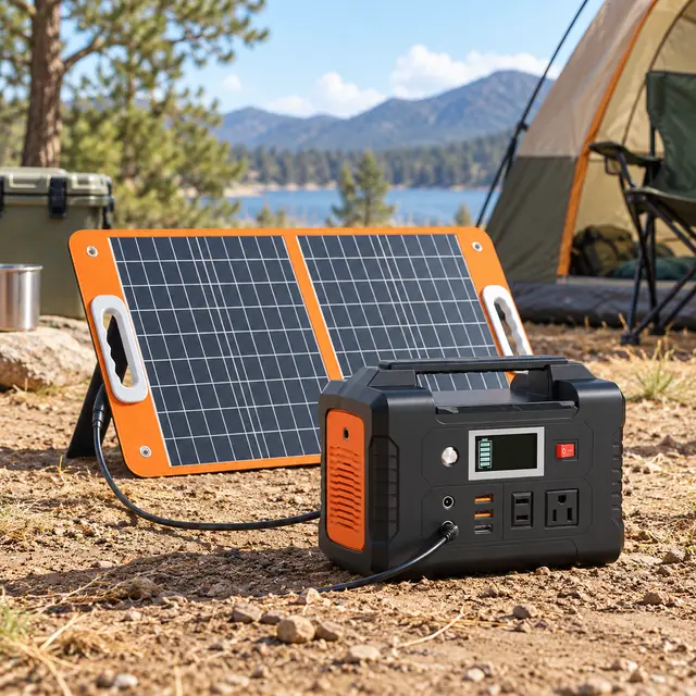 Solar Generator Kits in a representative portable power station and compatible solar panel on dry level ground at a sunny campsite setting